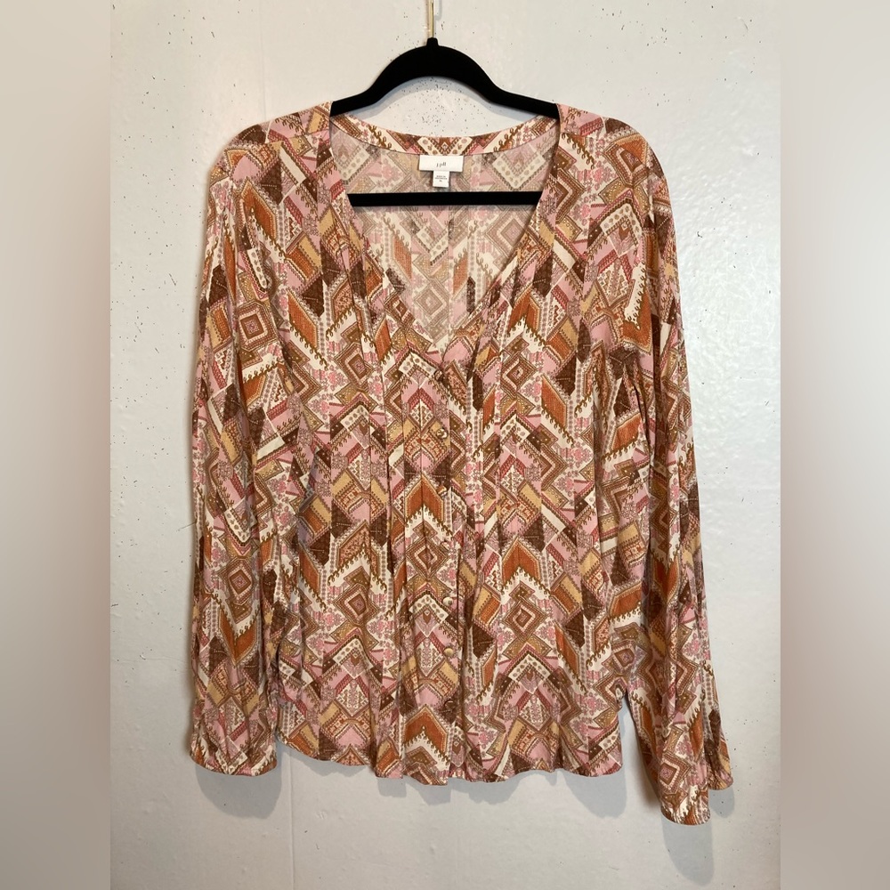 J Jill Top Size XL Geometric Print Blouse Boho V-Neck Button Down Shirt Pleated